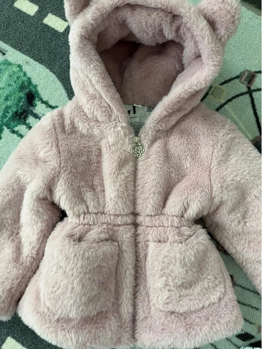 La Riva Pink Faux Fur Hooded Toddler Jacket with Bear Ears, Size 80 Or 12-18M